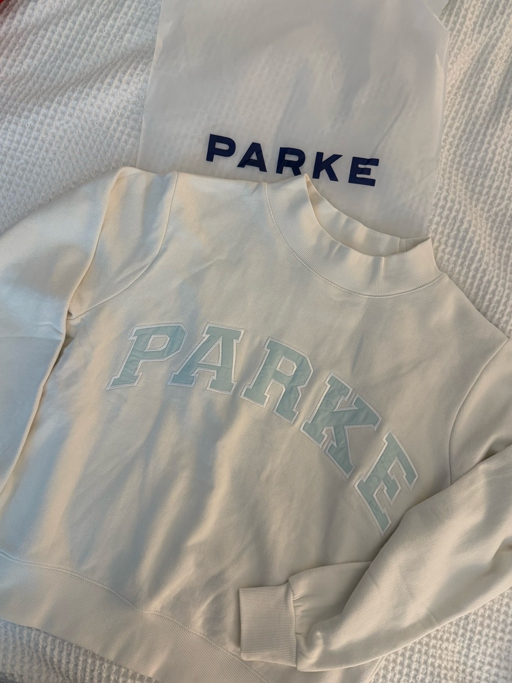 Parke Bridal Cream Crewneck Sweatshirt with Pale Blue Logo